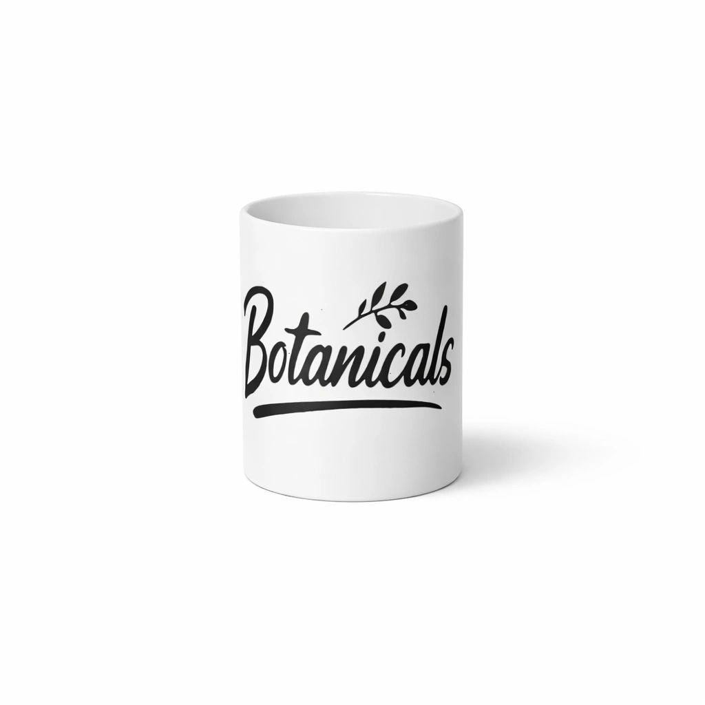 White ceramic Botanicals Mug with minimalist botanical lettering design for coffee tea herbal drinks kitchen decor office desk and cozy daily routines.