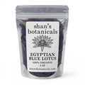 Egyptian Blue Lotus Herbal Tea in resealable pouch with dried blue lotus petals for floral caffeine free herbal tea relaxation meditation and wellness.