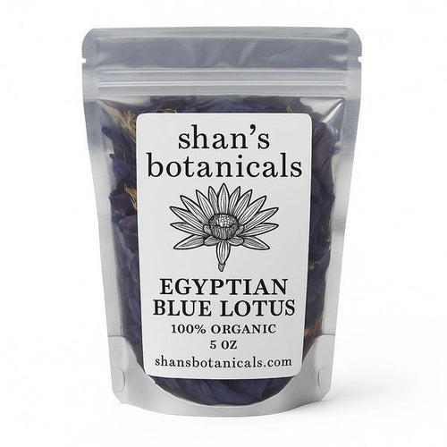 Egyptian Blue Lotus Herbal Tea in resealable pouch with dried blue lotus petals for floral caffeine free herbal tea relaxation meditation and wellness.