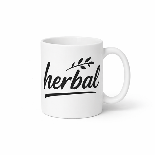 White mug with 'herbal' text on a white background