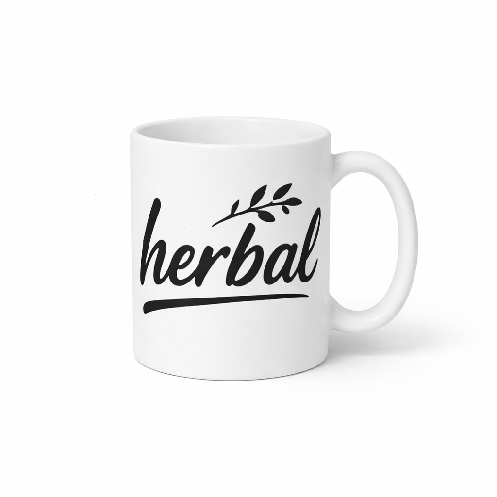 White Herbal Tea Ceramic Mug with minimalist black typography design for coffee tea herbal drinks cozy kitchen decor and office use.