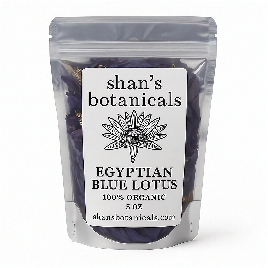 Silver pouch of Egyptian Blue Lotus Herbal Tea, 100% organic, 5 oz, featuring a lotus flower graphic and brand name.