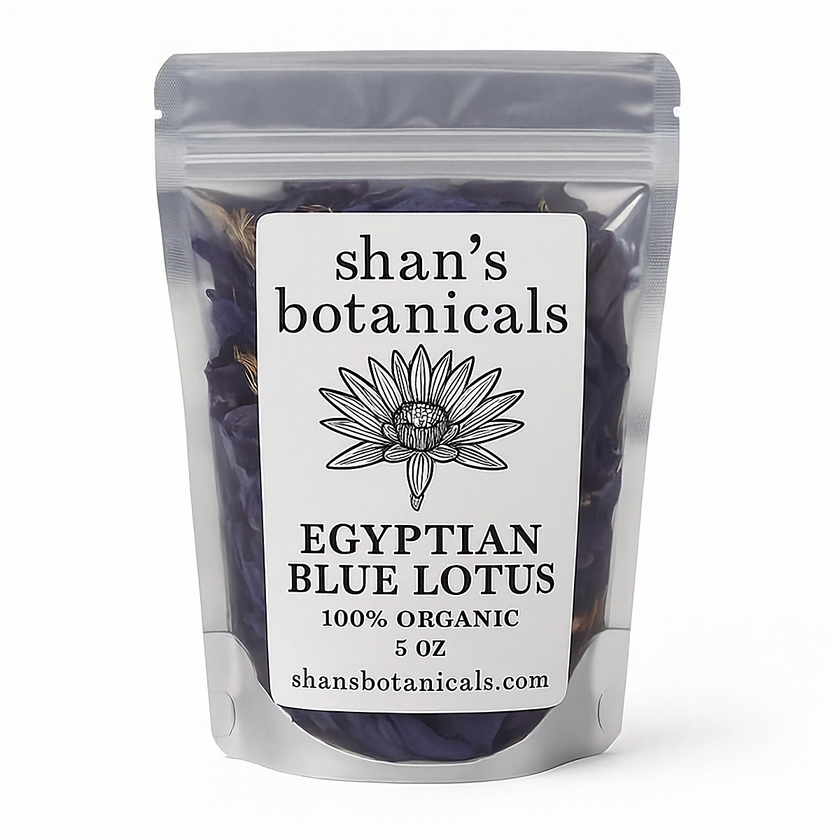 Silver pouch of Egyptian Blue Lotus Herbal Tea, 100% organic, 5 oz, featuring a lotus flower graphic and brand name.