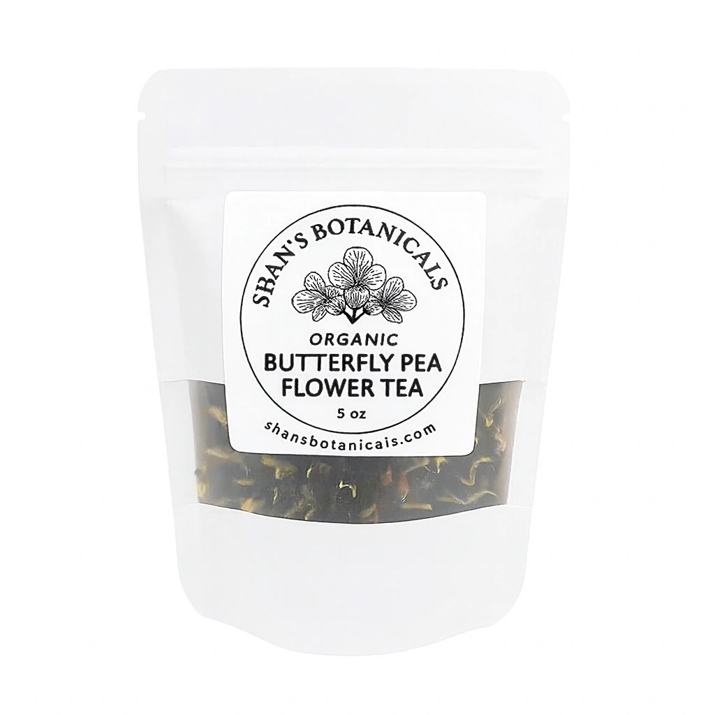Organic Butterfly Pea Flower Tea in resealable pouch with dried butterfly pea flowers for vibrant blue caffeine free herbal tea and wellness drinks.