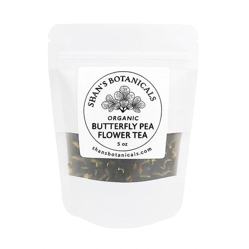 Organic Butterfly Pea Flower Tea in resealable pouch with dried butterfly pea flowers for vibrant blue caffeine free herbal tea and wellness drinks.