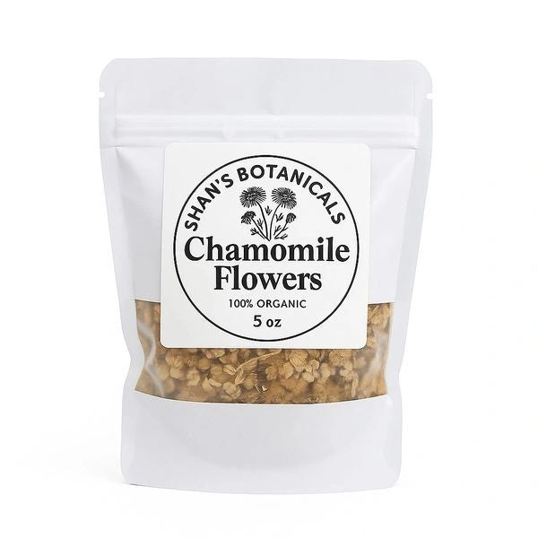 Organic Chamomile Flowers 5oz in resealable pouch with whole dried chamomile blossoms for calming caffeine free herbal tea and wellness routines.