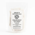 Organic Chamomile Tea Bags in white resealable pouch with calming caffeine free herbal tea made from premium chamomile flowers for relaxation and wellness.