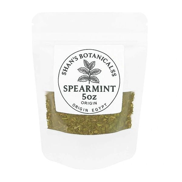 Organic Spearmint Loose Leaf Tea 5oz in resealable pouch with dried organic spearmint leaves for caffeine free herbal mint tea and wellness routines.