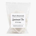 Organic Spearmint Tea Bags in white pouch packaging with 20 caffeine free herbal mint tea bags made from premium organic spearmint leaves for wellness relaxation and refreshing flavor.