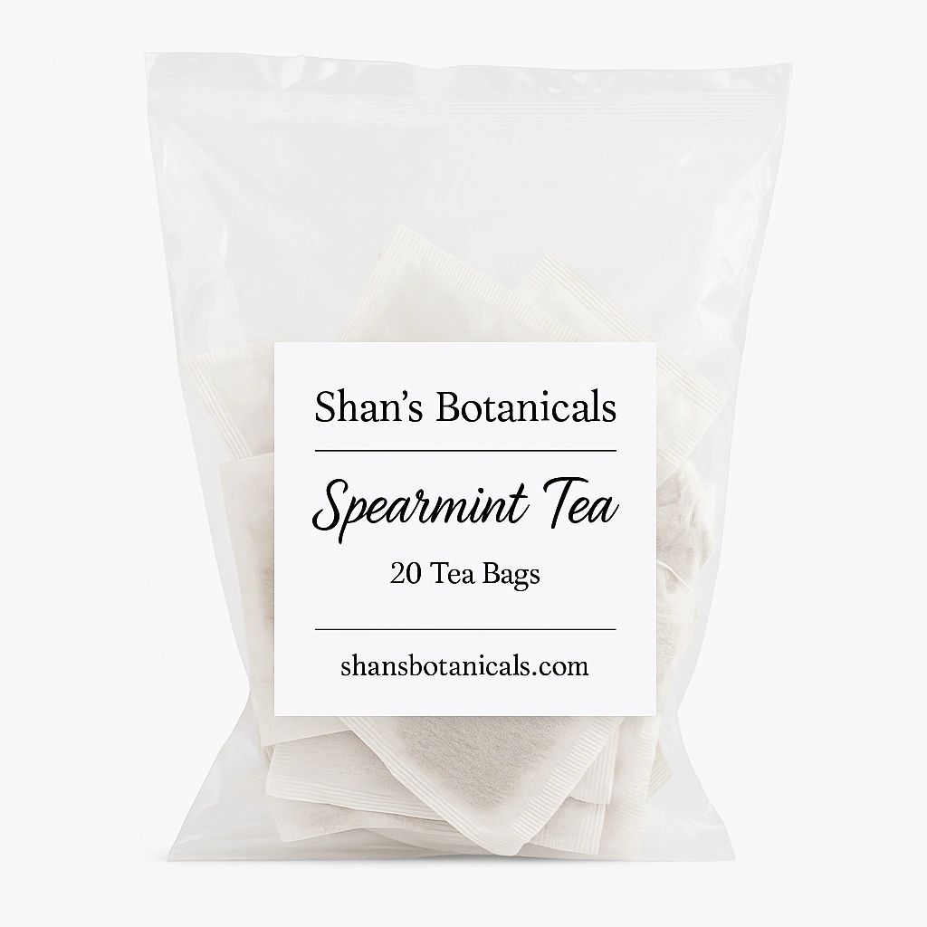 Organic Spearmint Tea Bags in white pouch packaging with 20 caffeine free herbal mint tea bags made from premium organic spearmint leaves for wellness relaxation and refreshing flavor.