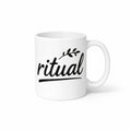 White ceramic Ritual Mug with minimalist black lettering design perfect for coffee tea herbal drinks office desk kitchen decor and cozy daily routines.