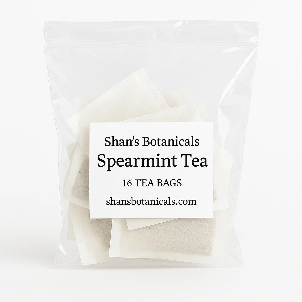 Shan’s Botanicals Spearmint Herbal Tea with 16 caffeine free tea bags in minimalist white packaging for refreshing mint tea and wellness routines